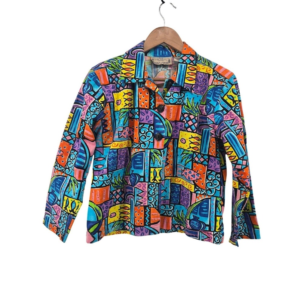 Life Style Jacket Womens PM Abstract Tropical Fish Geometric Multicolor EUC